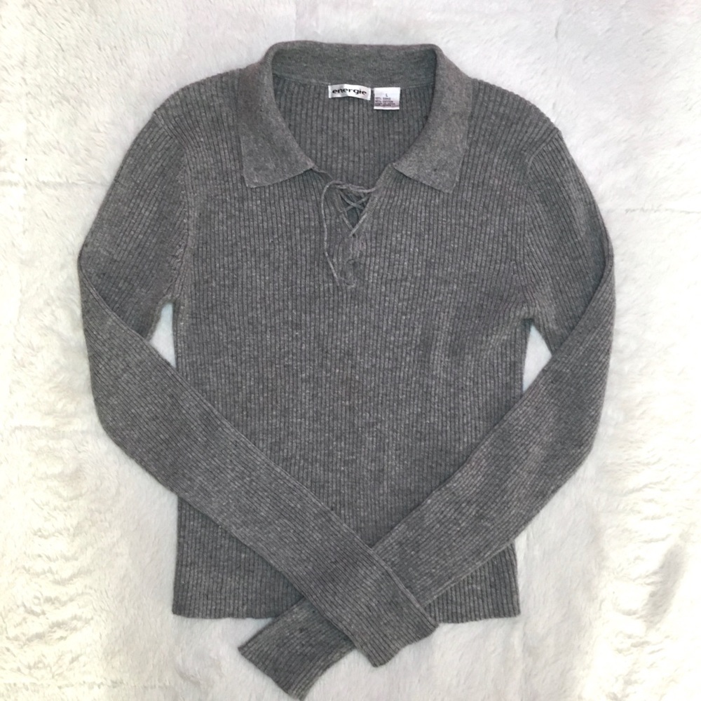 90s Y2K Vintage Energie Grey Ribbed Tie Front Extra Long Sleeve Sweater Top